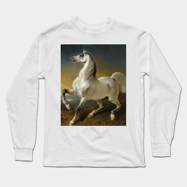 Gray Stallion Frightened By The Storm by Alfred de Dreux Long Sleeve T-Shirt by Classic Art Stall